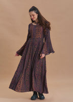 Boat Neck Tie-Waist Flared Sleeve Elba Patterned Long Sleeve Dress