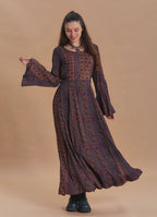 Boat Neck Tie-Waist Flared Sleeve Elba Patterned Long Sleeve Dress