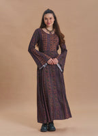 Boat Neck Tie-Waist Flared Sleeve Elba Patterned Long Sleeve Dress