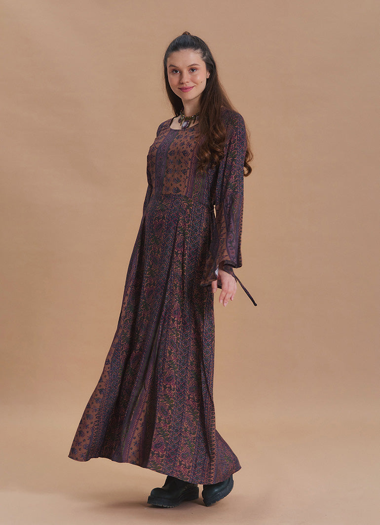 Boat Neck Tie-Waist Flared Sleeve Elba Patterned Long Sleeve Dress