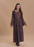 Boat Neck Tie-Waist Flared Sleeve Elba Patterned Long Sleeve Dress