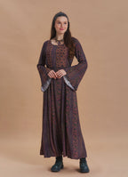 Boat Neck Tie-Waist Flared Sleeve Elba Patterned Long Sleeve Dress