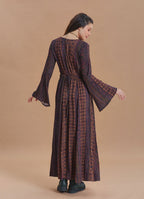 Boat Neck Tie-Waist Flared Sleeve Elba Patterned Long Sleeve Dress