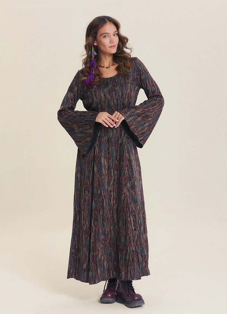 Boat Neck Tie-Waist Flared Sleeve Brown Winter Dress