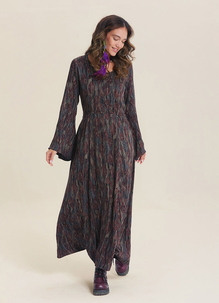 Boat Neck Tie-Waist Flared Sleeve Brown Winter Dress
