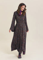 Boat Neck Tie-Waist Flared Sleeve Brown Winter Dress