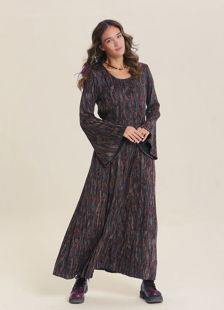Boat Neck Tie-Waist Flared Sleeve Brown Winter Dress