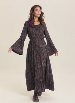 Boat Neck Tie-Waist Flared Sleeve Brown Winter Dress