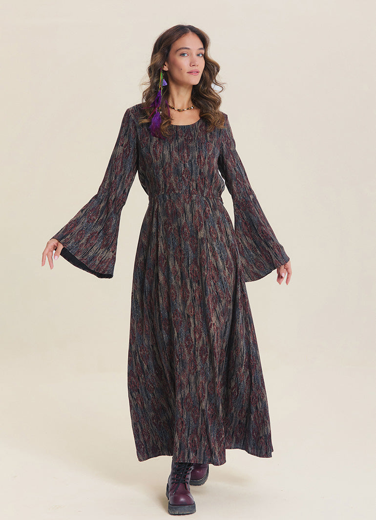 Boat Neck Tie-Waist Flared Sleeve Brown Winter Dress