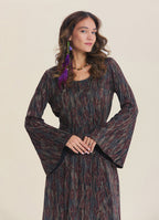 Boat Neck Tie-Waist Flared Sleeve Brown Winter Dress