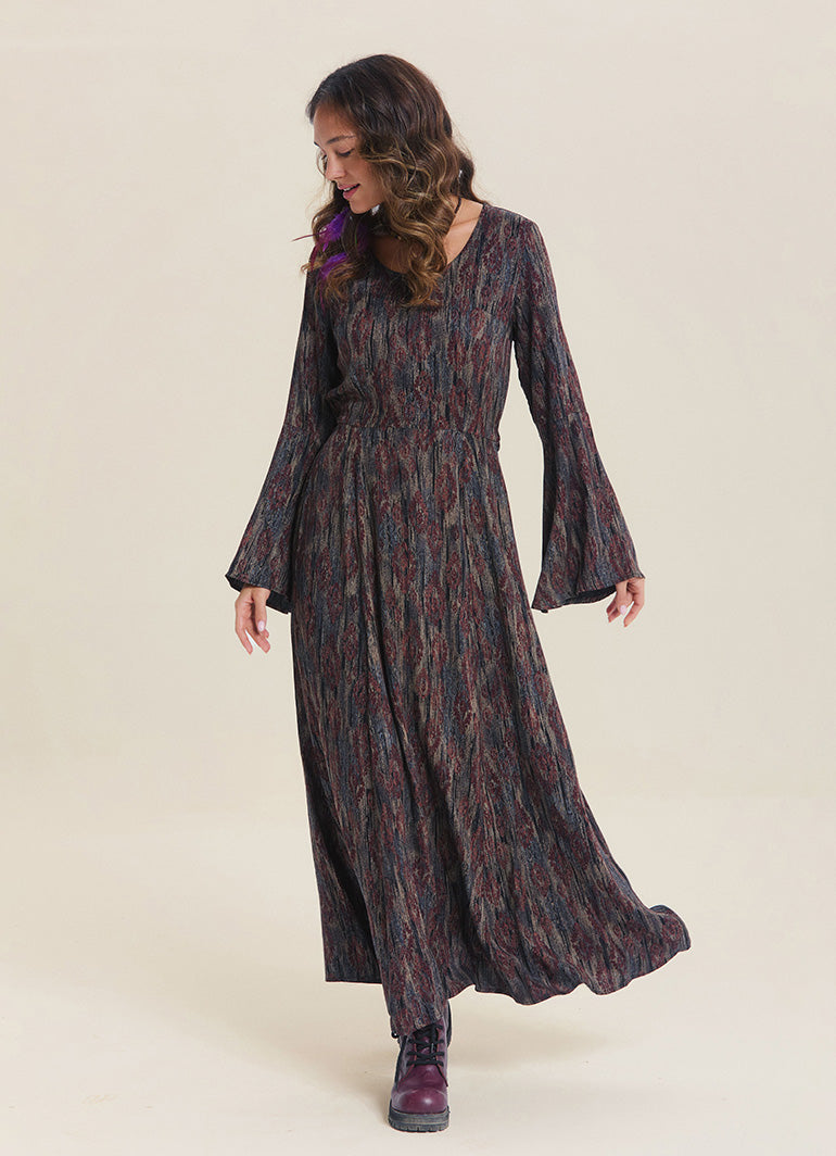 Boat Neck Tie-Waist Flared Sleeve Brown Winter Dress