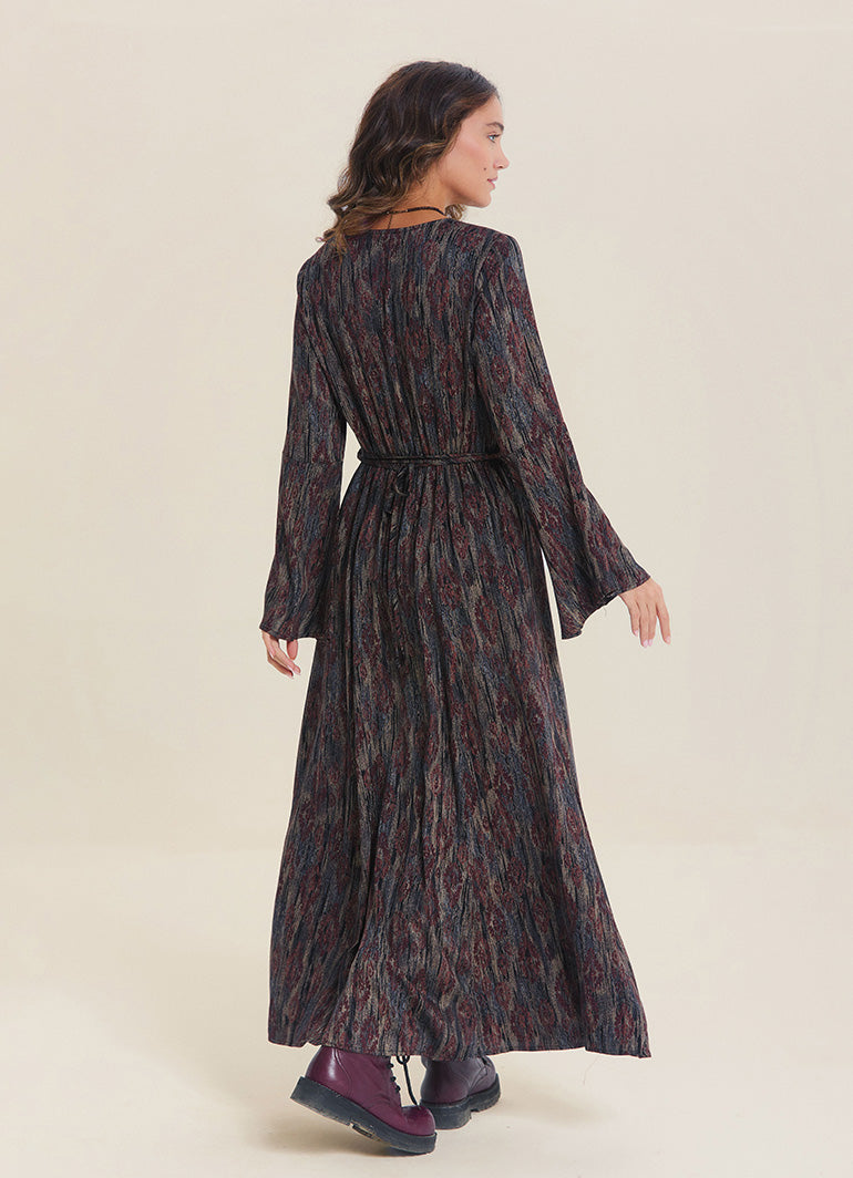 Boat Neck Tie-Waist Flared Sleeve Brown Winter Dress