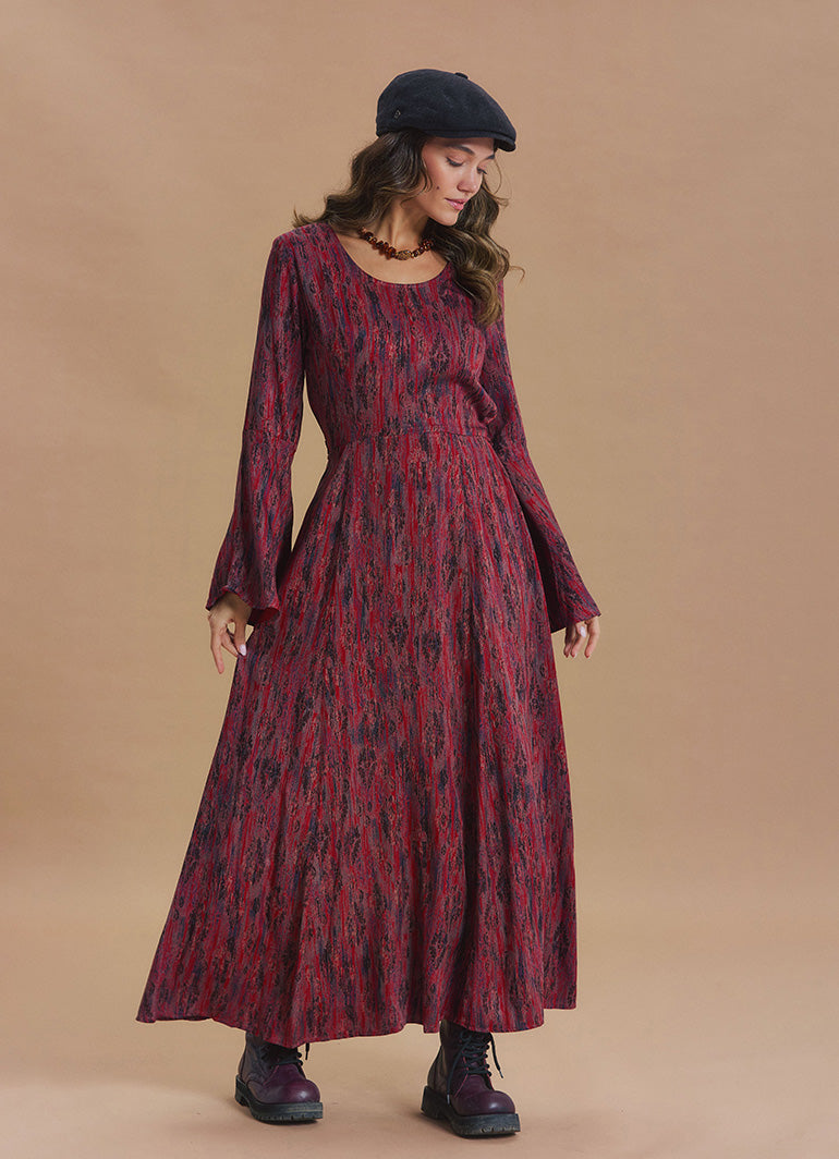 Boat Neck Tie-Waist Flared Sleeve Red Winter Dress