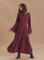 Boat Neck Tie-Waist Flared Sleeve Red Winter Dress