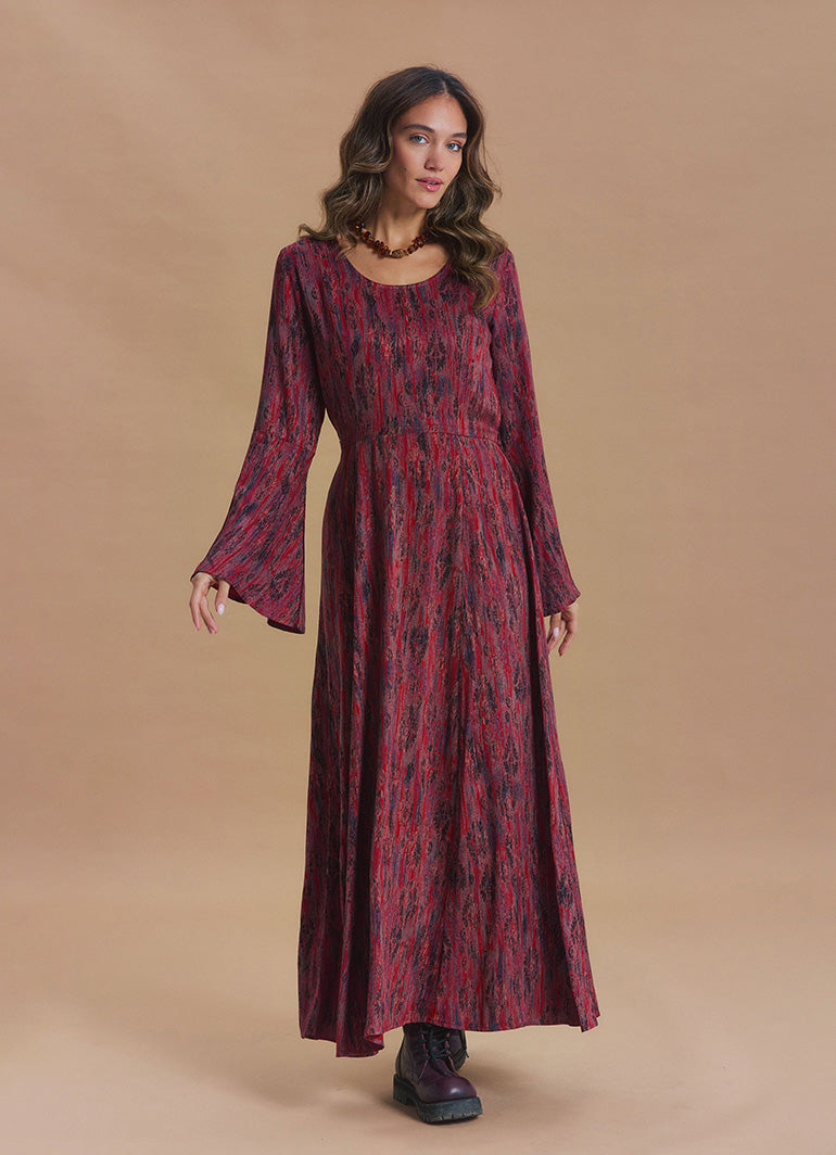 Boat Neck Tie-Waist Flared Sleeve Red Winter Dress
