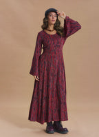 Boat Neck Tie-Waist Flared Sleeve Red Winter Dress