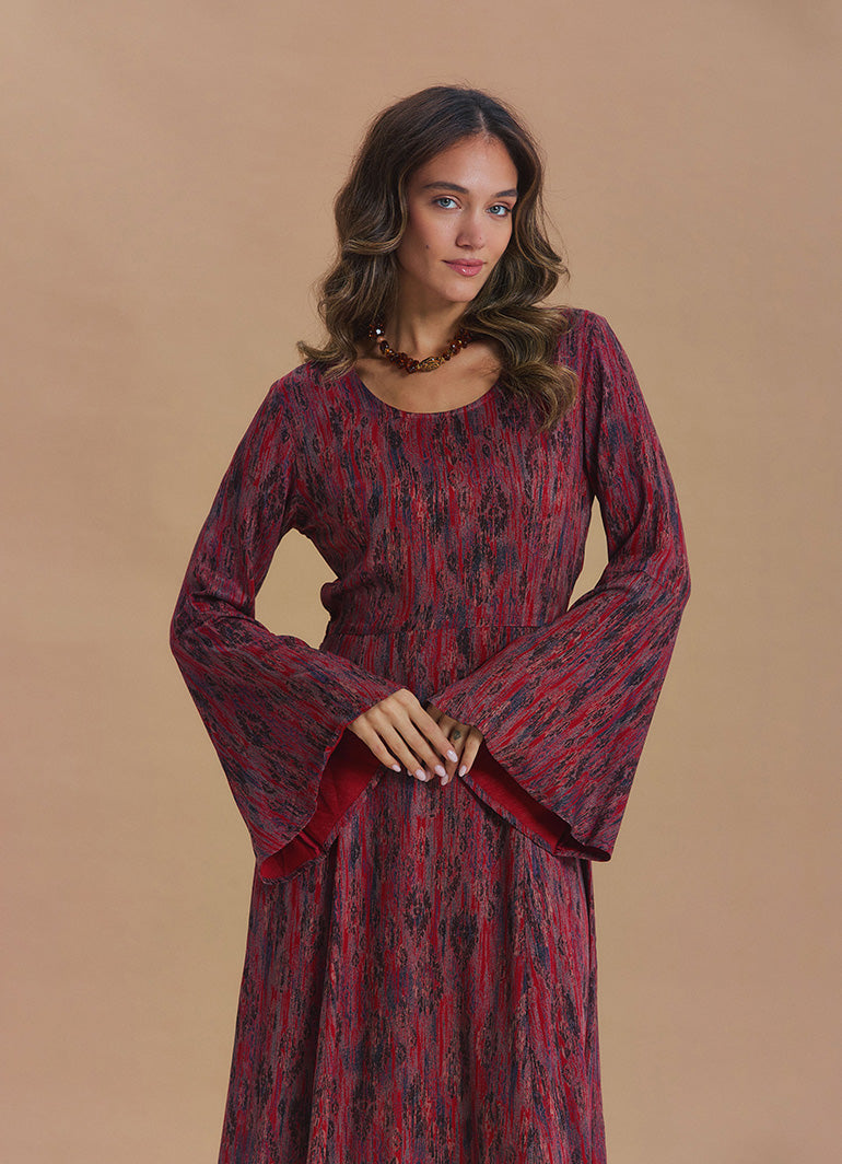Boat Neck Tie-Waist Flared Sleeve Red Winter Dress