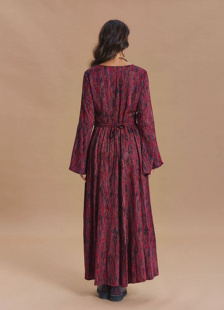 Boat Neck Tie-Waist Flared Sleeve Red Winter Dress