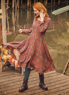Retro Patterned Long Sleeve Asymmetric Cut Winter Women's Dress 3158