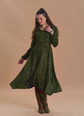 Boat Neck Asymmetric Cut Button Detail Khaki Winter Dress