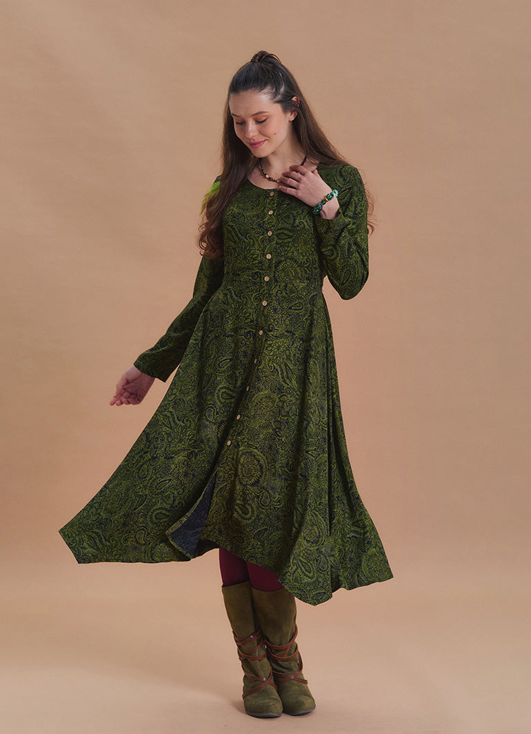 Boat Neck Asymmetric Cut Button Detail Khaki Winter Dress