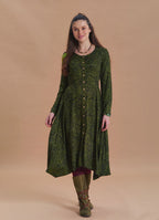 Boat Neck Asymmetric Cut Button Detail Khaki Winter Dress