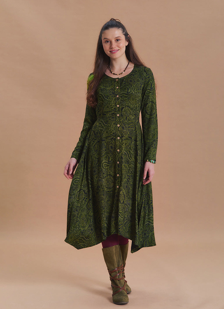 Boat Neck Asymmetric Cut Button Detail Khaki Winter Dress