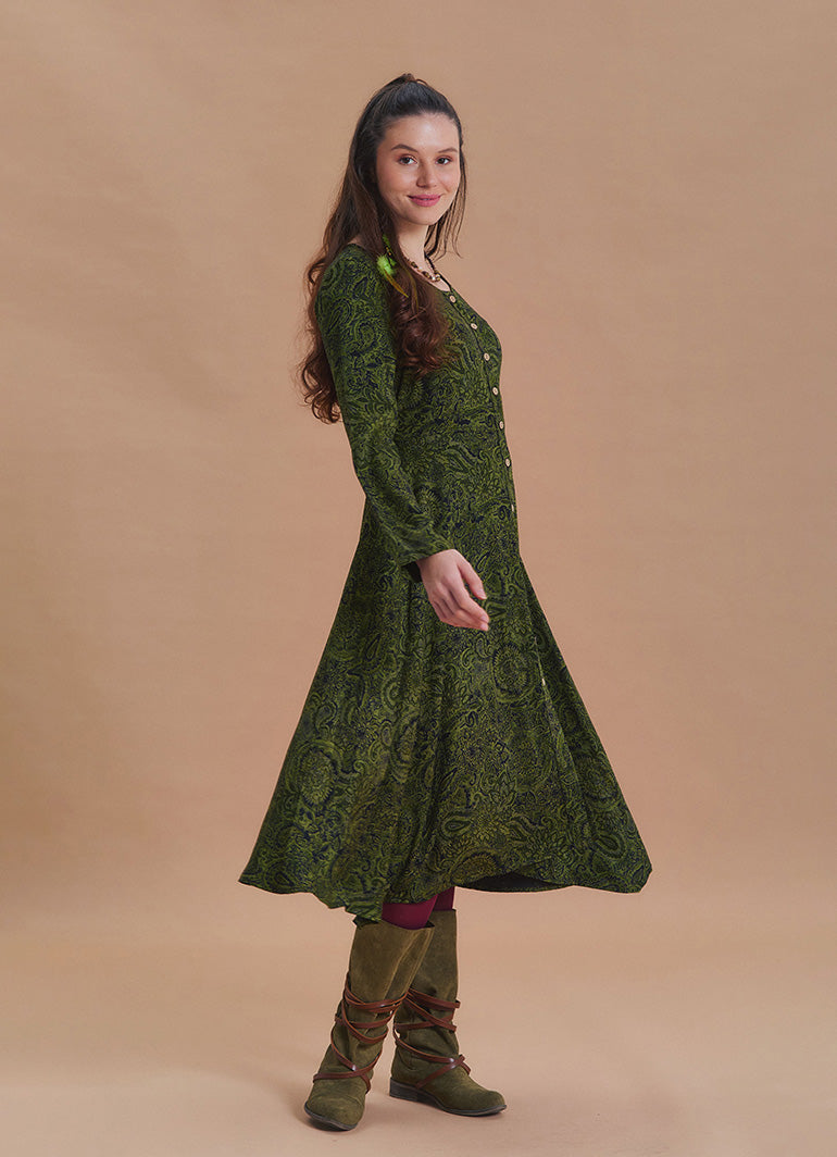 Boat Neck Asymmetric Cut Button Detail Khaki Winter Dress