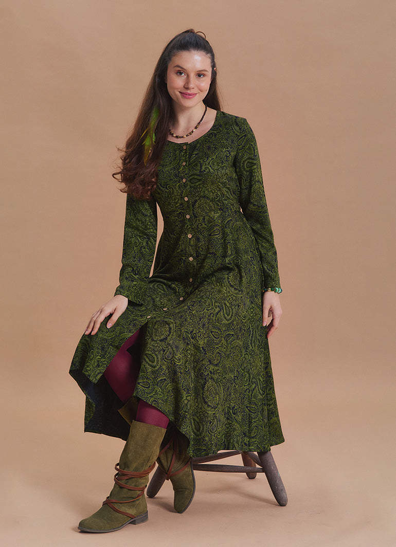 Boat Neck Asymmetric Cut Button Detail Khaki Winter Dress