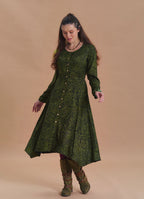 Boat Neck Asymmetric Cut Button Detail Khaki Winter Dress