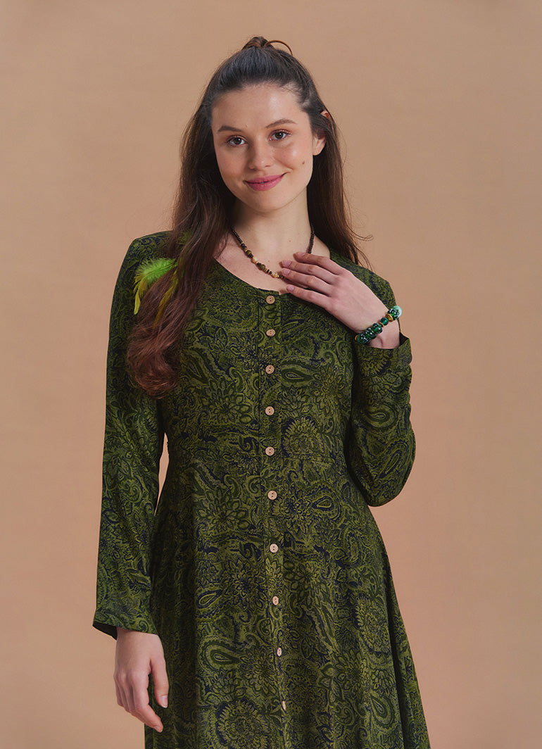 Boat Neck Asymmetric Cut Button Detail Khaki Winter Dress