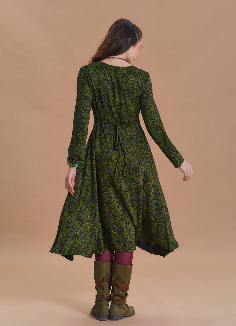 Boat Neck Asymmetric Cut Button Detail Khaki Winter Dress