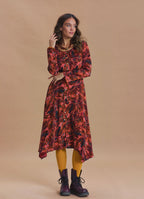 Boat Neck Asymmetric Cut Button Detail Coral Long Sleeve Dress