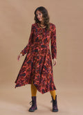 Boat Neck Asymmetric Cut Button Detail Coral Long Sleeve Dress