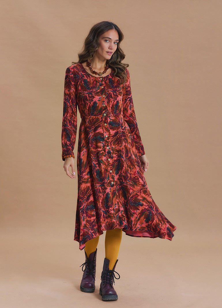Boat Neck Asymmetric Cut Button Detail Coral Long Sleeve Dress