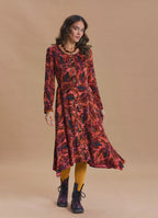 Boat Neck Asymmetric Cut Button Detail Coral Long Sleeve Dress