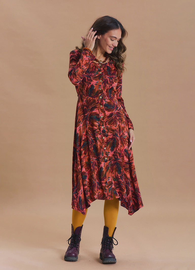 Boat Neck Asymmetric Cut Button Detail Coral Long Sleeve Dress
