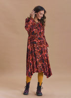 Boat Neck Asymmetric Cut Button Detail Coral Long Sleeve Dress