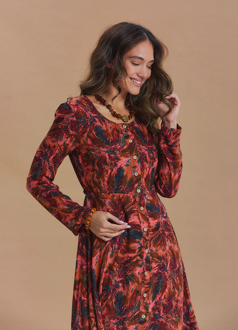 Boat Neck Asymmetric Cut Button Detail Coral Long Sleeve Dress