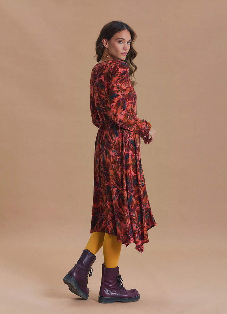 Boat Neck Asymmetric Cut Button Detail Coral Long Sleeve Dress