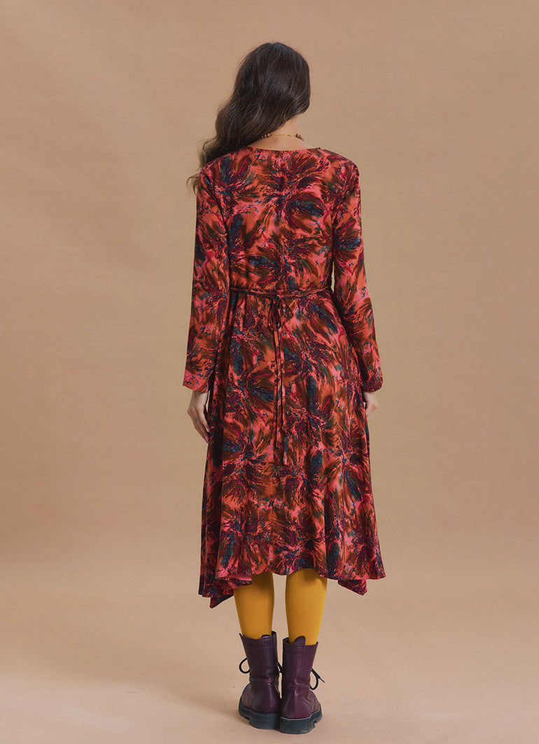 Boat Neck Asymmetric Cut Button Detail Coral Long Sleeve Dress