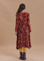 Boat Neck Asymmetric Cut Button Detail Coral Long Sleeve Dress