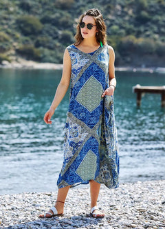 Blue Patterned Bohemian Boat Neck Pocketed Long Casual Dress 3351
