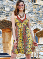 Sarı Desenli Dantel Yaka Askılı Yazlık Elbise 3221