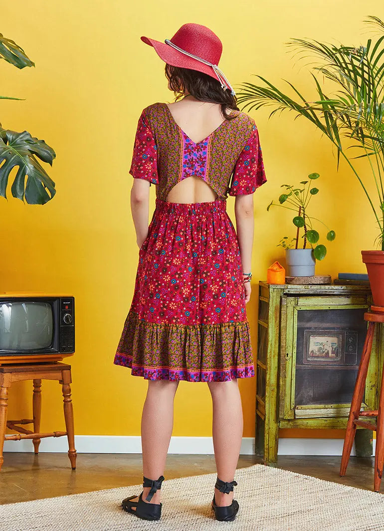 Cut Out Sırt Önden Bağlamalı Kırmızı Çiçekli Elbise 5263