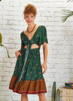 Cut-Out Front Tie Green Floral Dress 5262