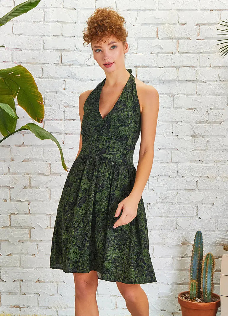 Yeşil Desenli Anvelop Yaka Boyundan Bağlamalı Kısa Elbise 5199