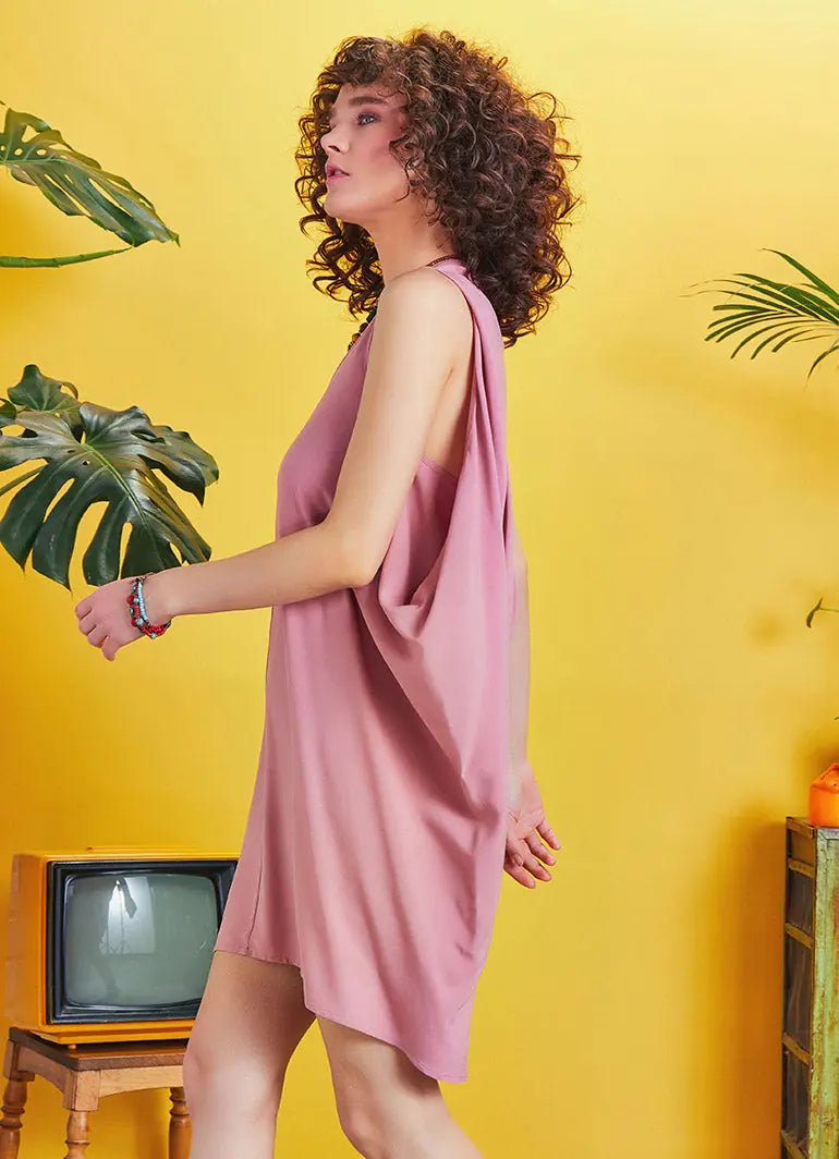 Bohem Stil Kısa Salaş Pembe Tunik Elbise 5256