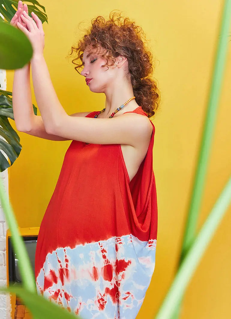 Bohem Stil Kısa Salaş Kırmızı Batik Tunik Elbise 5329