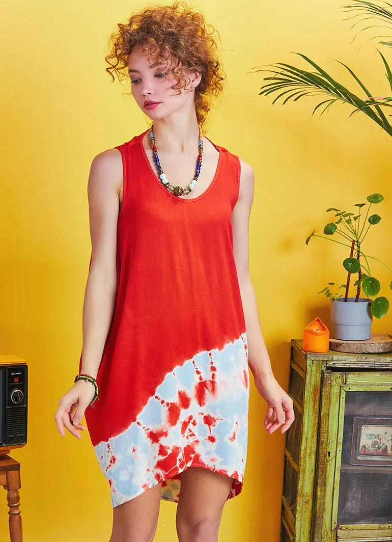 Bohem Stil Kısa Salaş Kırmızı Batik Tunik Elbise 5329